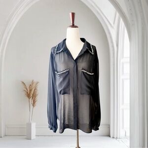 Zara Black Sheer Viscose Button Up Blouse with Tweed Accent Trim